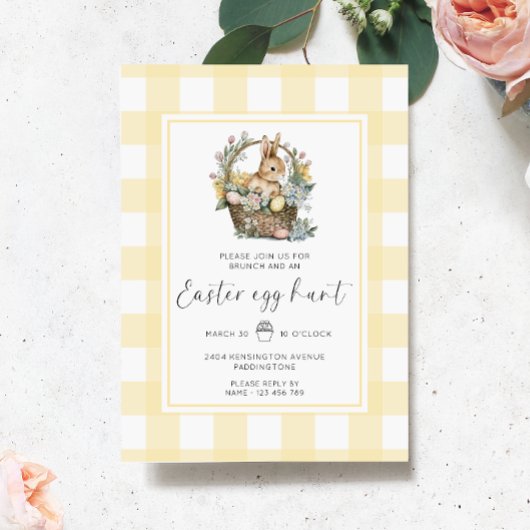 Invitation Chasse aux oeufs de Pâques En vichy lapin jaune