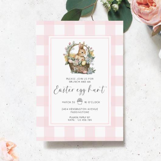 Invitation Chasse aux oeufs de Pâques En vichy lapin rose