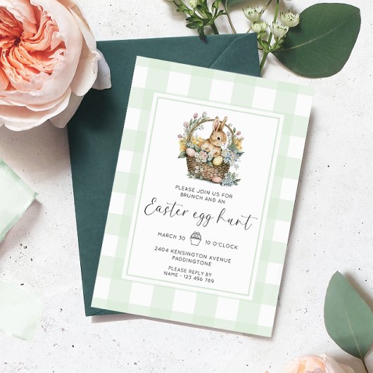 Invitation Chasse aux oeufs de Pâques En vichy lapin vert men