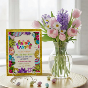 Invitation Chasse aux œufs de Pâques florale colorée en papie