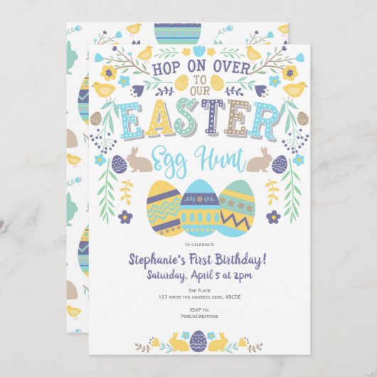 Invitation Chasse aux oeufs de Pâques, printemps, lapin, anni (Devant / Derrière)