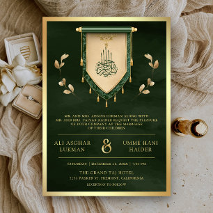 Invitation Chasseur Antique Vert Or Rouleau Musulman Mariage