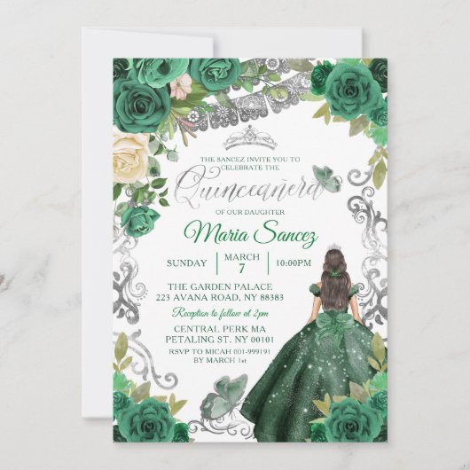 Invitation Chasseur d'argent Vert Floral mexicain Quinceañera (Devant)