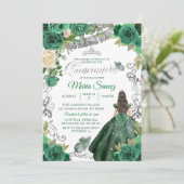 Invitation Chasseur d'argent Vert Floral mexicain Quinceañera (Debout devant)