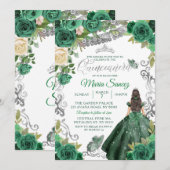 Invitation Chasseur d'argent Vert Floral mexicain Quinceañera (Devant / Derrière)