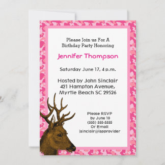 Invitation Chasseur de cerfs Camouflage rose Anniversaire Inv