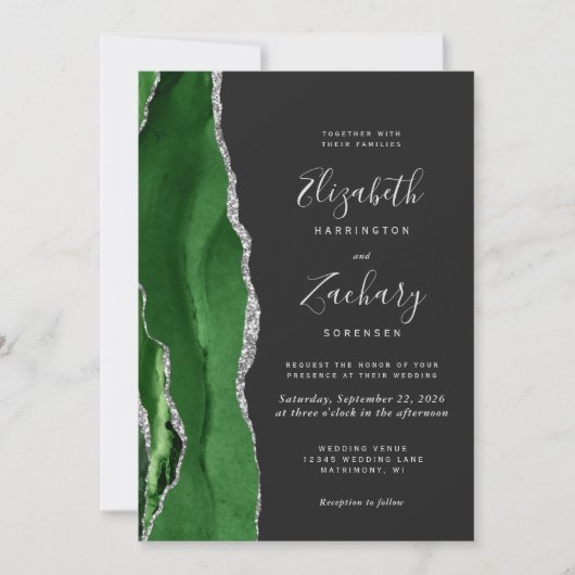 Invitation Chasseur moderne vert Argent Agate Mariage foncé (Devant)
