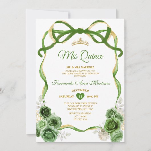 Invitation Chasseur Vert Floral Bow Ribbon Or Mis Quince (Devant)