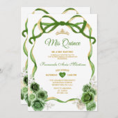Invitation Chasseur Vert Floral Bow Ribbon Or Mis Quince (Devant / Derrière)