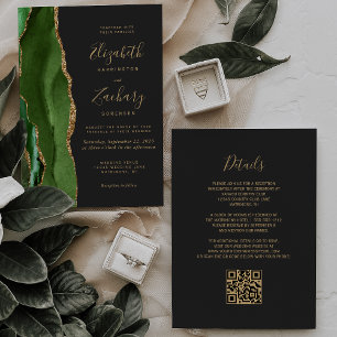 Invitation Chasseur Vert Or Agate Foncé Code QR Mariage