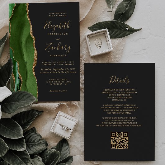 Invitation Chasseur Vert Or Agate Foncé Code QR Mariage