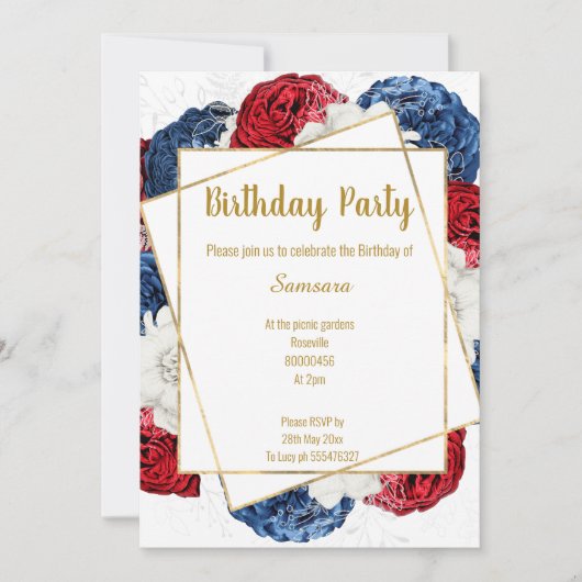INVITATION CHÂSSIS BLANC BLEU FLORAL CLAIR ANNIVERSAIRE (Devant)