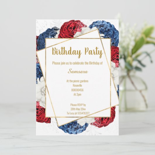 INVITATION CHÂSSIS BLANC BLEU FLORAL CLAIR ANNIVERSAIRE (Debout devant)