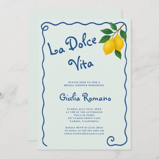Invitation Châssis citron bleu Whimy La Dolce Vita Fête des m (Devant / Derrière)