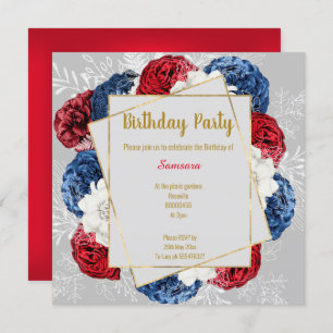 INVITATION CHÂSSIS D'ANNIVERSAIRE FLORALE ROUGE BLEU GRAY CAR