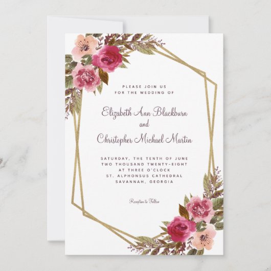 Invitation Châssis Floral violet Mariage Chic Gold Frame (Devant)