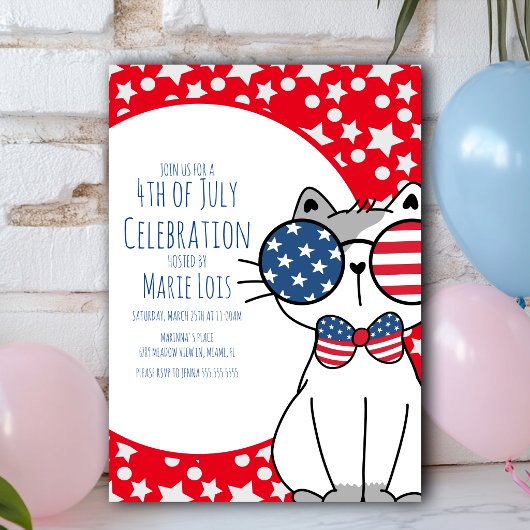 Invitation Chat 4 juillet Étoiles et Points Rouge 