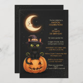 Invitation Chat à sorcière mignonne et Citrouille Anniversair (Devant / Derrière)