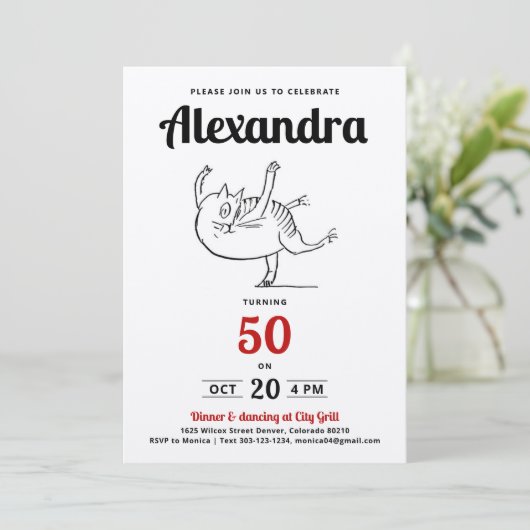 Invitation Chat amusant rouge noir blanc danse esquisse 50e a (Debout devant)