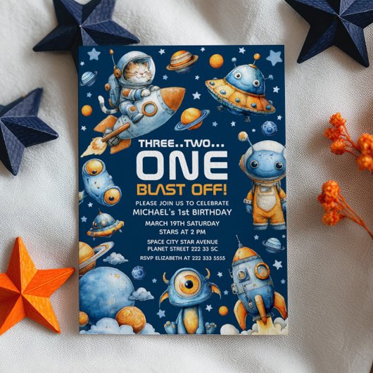 Invitation Chat astronaute spatial décollage anniversaire cos