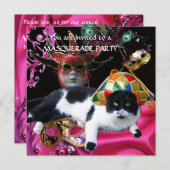 INVITATION CHAT AVEC CASQUETTE HARLEQUIN ET MASQUERADE DE FÊT (Devant / Derrière)