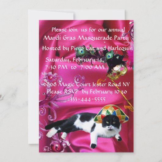 INVITATION CHAT AVEC CASQUETTE HARLEQUIN ET MASQUERADE DE FÊT (Dos)