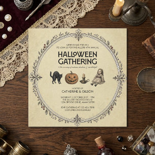 Invitation Chat, Citrouille, Bougie & Poupée Vintage Hallowee