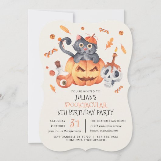 Invitation Chat dans un Halloween Citrouille fête d'anniversa (Devant)