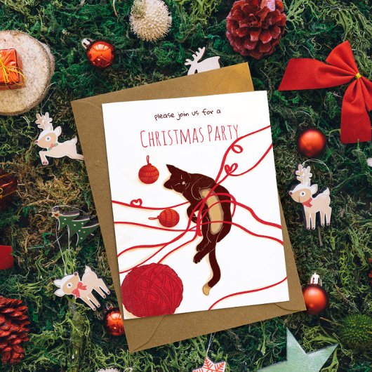 Invitation Chat de Noël joyeux - Chat joueur avec des rubans