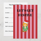 Invitation Chat de Noël rayé rose et rouge (Devant / Derrière)