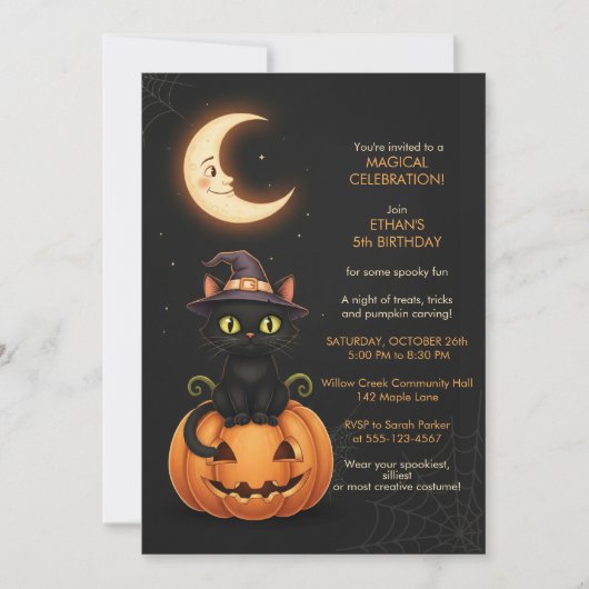 Invitation Chat de sorcière mignon et anniversaire de citroui (Devant)