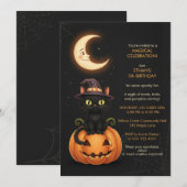 Invitation Chat de sorcière mignon et anniversaire de citroui (Devant / Derrière)