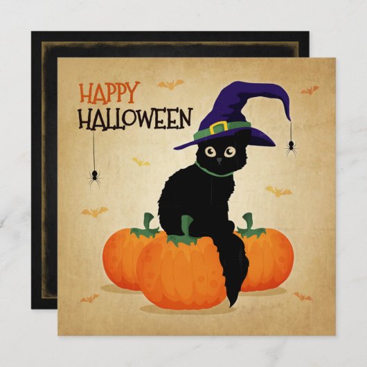 Invitation Chat d'Halloween Vintage et Citrouilles| Invitatio (Devant / Derrière)