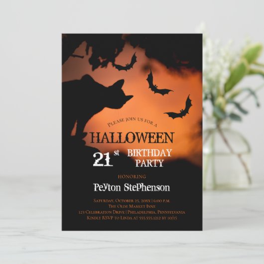 Invitation Chat éffrayant | Bats Halloween fête du 21e annive (Debout devant)