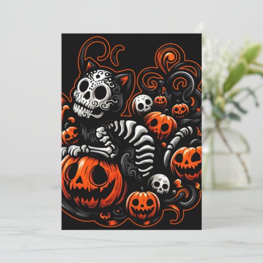 Invitation Chat effrayant et citrouilles (Debout devant)