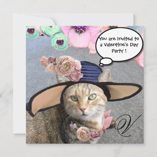 INVITATION CHAT ÉLÉGANT, GRANDE DIVA CASQUETTE ET ROSE VALENT (Devant)