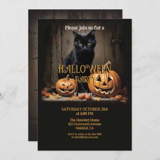 Invitation Chat en bois et Halloween Citrouille (Devant / Derrière)