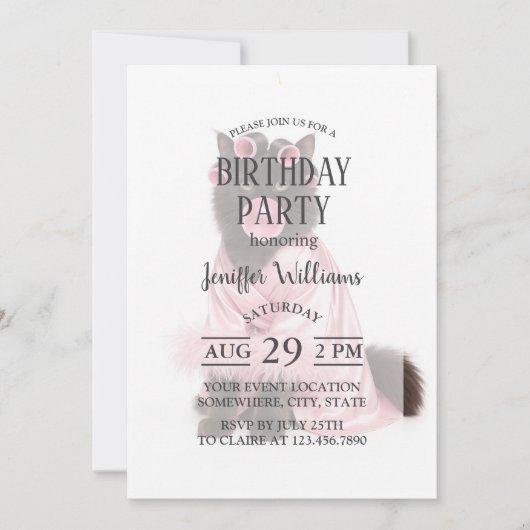 Invitation Chat en robe rose avec bigoudis et bubble gum (Devant)