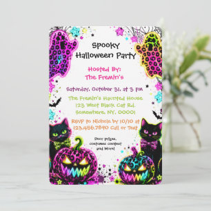Invitation Chat et citrouille néon Halloween léopard pour fêt