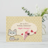 Invitation Chat gris mignonne, crème glacée et fleurs Anniver (Debout devant)