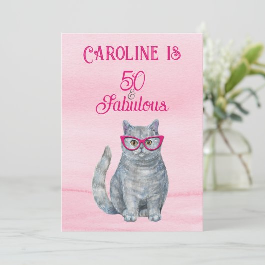 Invitation Chat Gris, Rose Clair, 50 ans et Fabuleux, Anniver (Debout devant)
