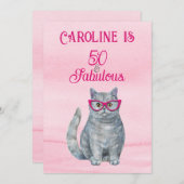 Invitation Chat Gris, Rose Clair, 50 ans et Fabuleux, Anniver (Devant / Derrière)