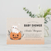 Invitation Chat Halloween Sur Baby shower Orange Citrouille (Debout devant)