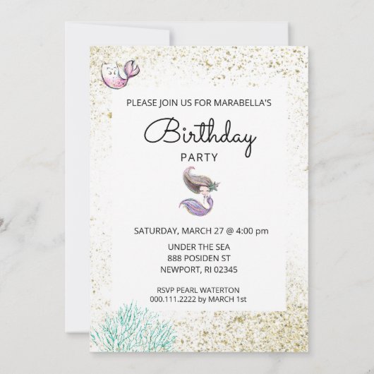 Invitation *~* Chat Kitty Mermaid Parties scintillant or chev (Dos)