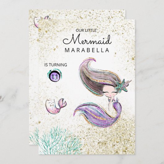 Invitation *~* Chat Kitty Mermaid Parties scintillant or chev (Devant / Derrière)