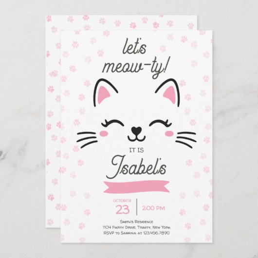 Invitation Chat Kitty Rose Anniversaire (Devant / Derrière)
