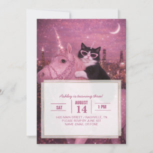 Invitation Chat Licorne Glamour sous la ville scintillante   
