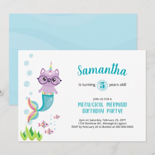 Invitation Chat Mermaid Unicorne sous la mer fête d'anniversa (Devant / Derrière)