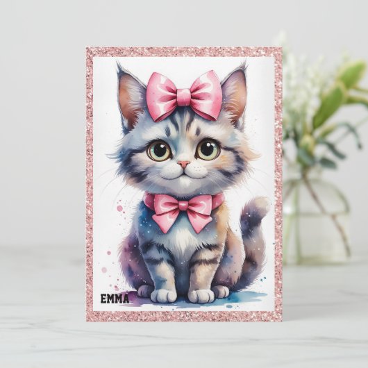 Invitation Chat mignon avec arc heureux anniversaire (Debout devant)