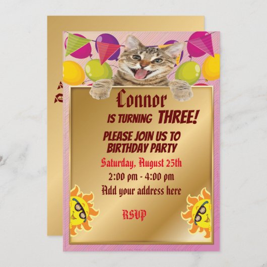 Invitation Chat mignon avec or et soleils amusants (Devant / Derrière)